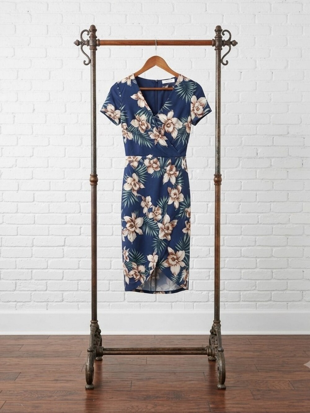 Women's Navy Floral Asymmetrical Wrap Dress